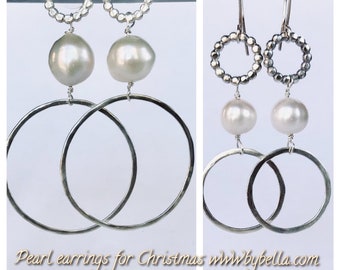 Large Pearl and silver hoop earrings