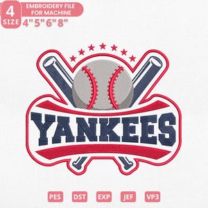 May include: Baseball-themed embroidery file featuring a baseball, bats, and the word "YANKEES" in navy blue. The design includes red accents and stars. The file is available in sizes 4", 5", 6", and 8".