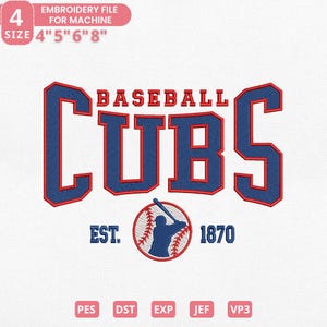 Vintage Chicago basebollag broderidesign, retro Cubs basebol maskinbroderifil direkt nedladdning, 4 storlekar, Pes Dst Jef Exp Vp3