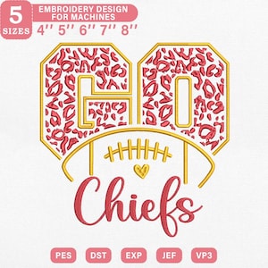 May include: An embroidery design featuring the number "60" with a leopard print pattern, a football, and the word "Chiefs" in red script. The design is outlined in gold and includes the text "EMBROIDERY DESIGN FOR MACHINES" and sizes from 10 cm to 20 cm.