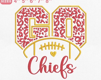 Diseño de bordado de fútbol americano de Kansas City, letras "GO" en negrita con estampado de leopardo para el espíritu del partido, archivo de máquina, descarga instantánea, PES DST