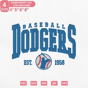 Op de afbeelding: Blauw borduurontwerp met het woord "Dodgers" in vette letters, "Baseball" erboven en "EST. 1958" eronder. Een honkbal met een silhouet van een slagman staat in het midden. Beschikbare maten: 10 cm, 13 cm, 15 cm en 20 cm.
