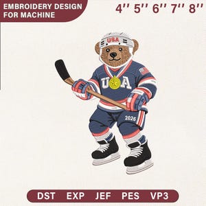 USA Hockey Bear Embroidery Design,Olympic Champion Machine Embroidery Pattern,Teddy Gold Medalist Digital Download,Ice Hockey