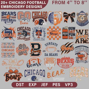 May include: A selection of over 20 Chicago football embroidery designs. The designs feature logos, text, and illustrations, including footballs, helmets, and the word "Bears". The designs range from 10.16 cm to 20.32 cm.