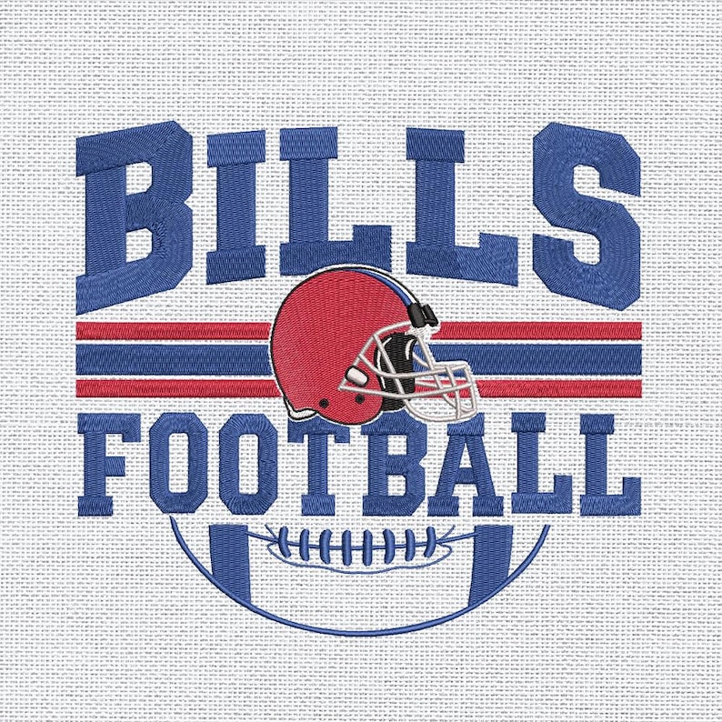 May include: Embroidered design featuring the word "BILLS" in blue, with a red and blue football helmet and the word "FOOTBALL" below. The design includes a blue football shape and red and blue stripes.