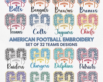 Football Embroidery Design Bundle, 32 Teams Football Go Spirit Leopard Pattern Machine Embroidery File, 4 Sizes Instant Download Dst Pes Jef