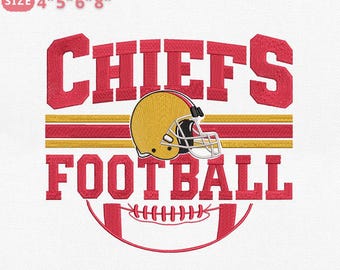 May include: Red and gold embroidery design featuring the text "CHIEFS FOOTBALL" with a football helmet in the center. The design includes the text "EMBROIDERY FILE FOR MACHINE" and size options of 4", 5", 6", and 8".