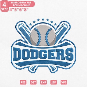 Può includere: Un ricamo blu e bianco con la scritta "DODGERS", una palla da baseball e mazze incrociate. Il design include il testo "EMBROIDERY FILE FOR MACHINE" e dimensioni di 10,16 cm, 12,7 cm, 15,24 cm e 20,32 cm.