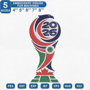 May include: An embroidery design for machines featuring a stylized trophy with the text "2026". The design includes red, blue, green, and white elements. Sizes available: 4", 5", 6", 7", and 8".