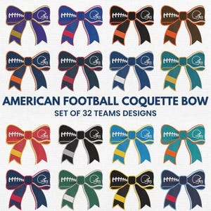 May include: A collection of 16 decorative bows in various colors, each featuring an American football design. The bows are arranged in a grid, with the text "AMERICAN FOOTBALL COQUETTE BOW" and "SET OF 32 TEAMS DESIGNS" displayed below.