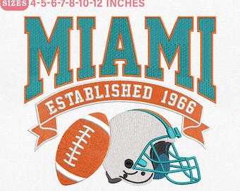 Diseño de bordado vintage de fútbol americano de Miami para máquina, bordado de casco de fútbol americano retro, 7 tamaños, descarga instantánea, Pes Dst Jef Exp Vp3