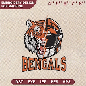 Könnte beinhalten: Ein Stickdesign mit einem Tigerkopf und einem Footballhelm, der durch einen Blitz geteilt wird. Das Wort "BENGALS" wird in orangefarbenen Blockbuchstaben angezeigt. Das Design ist in verschiedenen Größen von 10 cm bis 20 cm erhältlich und enthält die Dateiformate DST, EXP, JEF, PES und VP3.