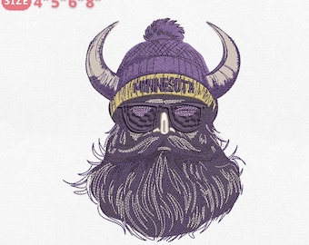 May include: An embroidery file for machine use featuring a stylized Viking with a purple knit cap, sunglasses, and a long beard. The cap has the word "MINNESOTA" on it. The available sizes are 4", 5", 6", and 8".