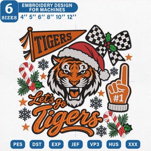 以下が含まれることがあります： サンタ帽をかぶったトラ、TIGERSのペナント、チェック柄のリボン、#1のフォームフィンガー、キャンディケイン、雪の結晶が描かれた刺繍デザイン。Let's go Tigersの文字入り。10cmから30cmまでの6サイズ展開。