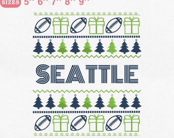 Diseño de bordado navideño de fútbol de Seattle, suéter deportivo feo, archivo de bordado a máquina de árboles y regalos, descarga instantánea PES DST