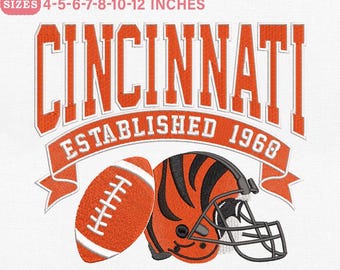 Diseño de bordado vintage de fútbol americano de Cincinnati para máquina, bordado de casco de fútbol americano retro, 7 tamaños, descarga instantánea, Pes Dst Jef Exp Vp3