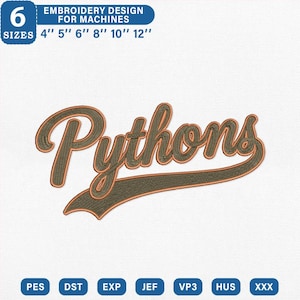 Pythons Baseball Script Embroidery Design | Retro Mascot Tail File | Game Day Sweatshirt PES DST JEF VP3