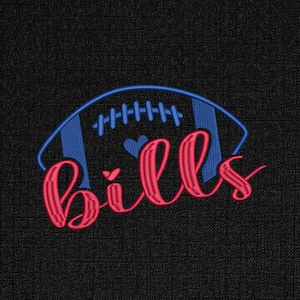 May include: Embroidered design featuring a blue football with white stitching and the word "Bills" in a cursive, red font. Two small blue hearts are inside the football. The design is on a black background.