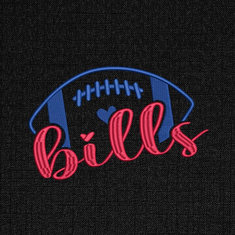 May include: Embroidered design featuring a blue football with white stitching and the word "Bills" in a cursive, red font. Two small blue hearts are inside the football. The design is on a black background.