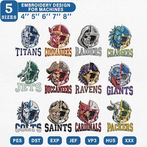 Puede incluir: Una colecci&oacute;n de dise&ntilde;os de bordado digital con doce logotipos de equipos de f&uacute;tbol americano. Cada gr&aacute;fico muestra una mascota o casco dividido por un rayo, junto al nombre del equipo. Texto: 5 SIZES 4" 5" 6" 7" 8" y formatos PES, DST, EXP, JEF, VP3, HUS, XXX.