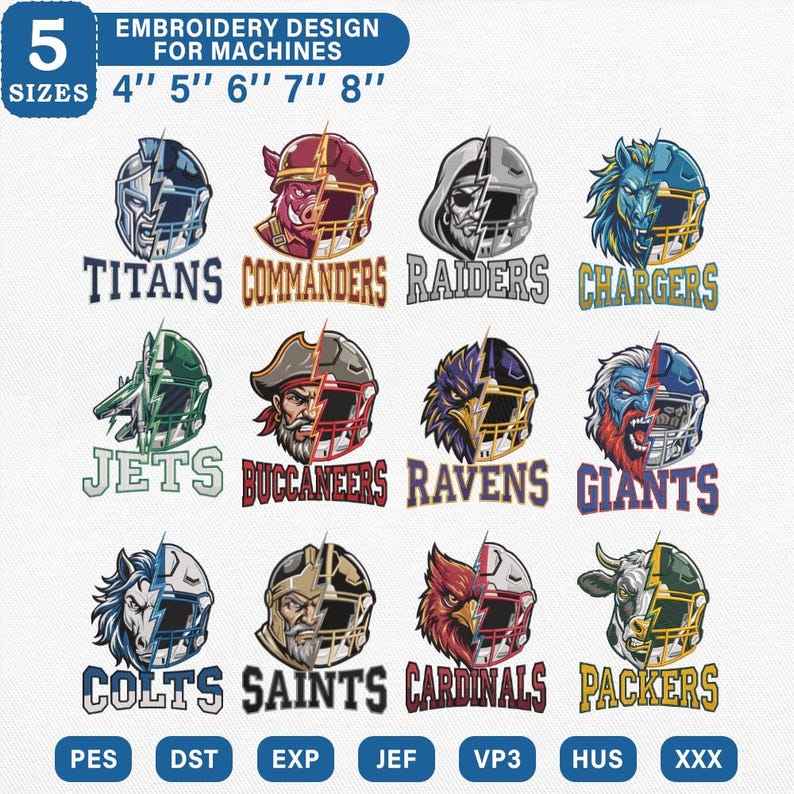 Puede incluir: Una colecci&oacute;n de dise&ntilde;os de bordado digital con doce logotipos de equipos de f&uacute;tbol americano. Cada gr&aacute;fico muestra una mascota o casco dividido por un rayo, junto al nombre del equipo. Texto: 5 SIZES 4" 5" 6" 7" 8" y formatos PES, DST, EXP, JEF, VP3, HUS, XXX.