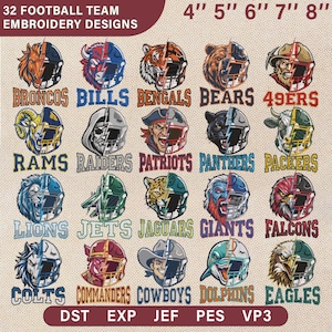 May include: A selection of 32 football team embroidery designs, each showcasing a team logo and name, such as Broncos, Bills, Bengals, Bears, and 49ers. Available in sizes from 10 cm to 20 cm.