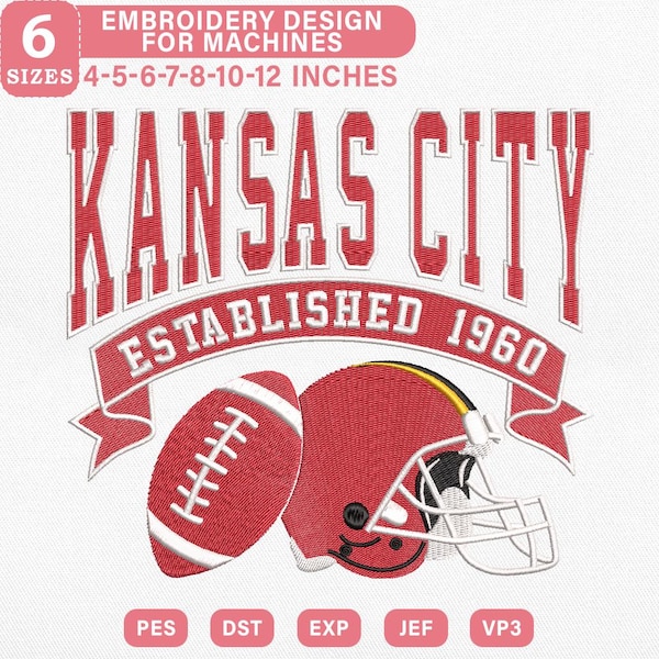 Vintage Kansas City Football Embroidery Design for Machine, Retro Football Helmet Embroidery, 7 Size, Instant Download, Pes Dst Jef Exp Vp3