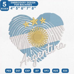 Diseño de bordado de corazón con huella dactilar de Argentina, puntada de orgullo futbolístico de 3 estrellas (descarga digital)