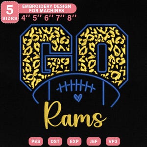May include: Black embroidery design featuring the number 60 with a leopard print pattern, a blue football, and the word "Rams" in gold script. Includes sizes 10.16cm to 20.32cm and embroidery file formats.