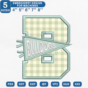May include: An embroidery design featuring the letter B with a light green and white gingham pattern, outlined in light blue. A horizontal light blue pennant banner overlays the letter, displaying the white text BULLDOGS in capital letters.