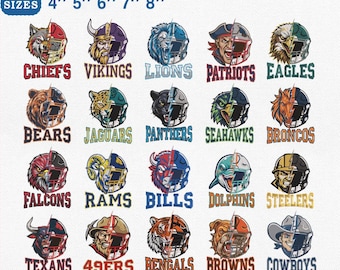 Football Bundle 32 Teams, Mascot Helmet Embroidery Machine File, 5 sizes