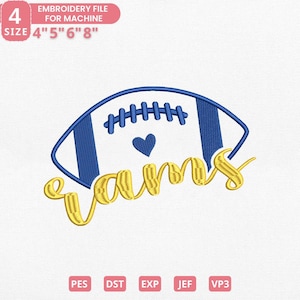 Pode incluir: Um design de arquivo de bordado com uma bola de futebol americano azul e branca, um coração azul e a palavra "Rams" em escrita dourada. Disponível nos tamanhos 10,16 cm, 12,7 cm, 15,24 cm e 20,32 cm. Inclui formatos PES, DST, EXP, JEF e VP3.