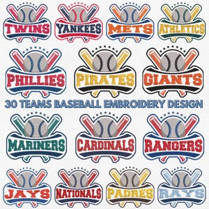 Puede incluir: Una colección de logotipos de equipos de béisbol, cada uno con una pelota y bates cruzados. Los logotipos son de varios colores e incluyen nombres de equipos como "Twins", "Yankees" y "Mets". También está presente el texto "30 Teams Baseball Embroidery Design".