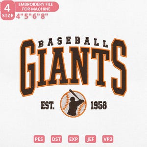 Puede incluir: Un diseño de archivo de bordado con el texto "BASEBALL GIANTS" en marrón y naranja. El diseño incluye una silueta de jugador de béisbol y el año "1958". Las opciones de tamaño son 10.16cm, 12.7cm, 15.24cm y 20.32cm.
