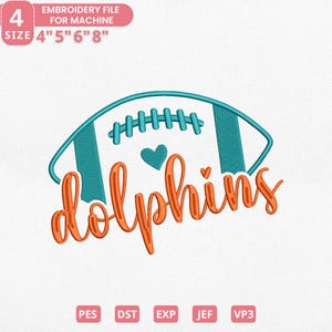 Puede incluir: Un dise&ntilde;o de archivo de bordado con forma de bal&oacute;n de f&uacute;tbol en verde azulado y blanco, con la palabra "Dolphins" en escritura naranja. Incluye el texto "ARCHIVO DE BORDADO PARA M&Aacute;QUINA" y tama&ntilde;os de 10,16 cm, 12,7 cm, 15,24 cm y 20,32 cm.