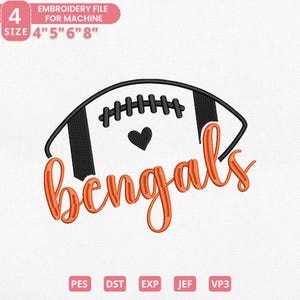 以下が含まれることがあります： オレンジ色のスクリプトで「Bengals」という言葉が入った、白と黒のアメリカンフットボールの刺繍ファイルのデザイン。黒いハートも付いています。サイズは10.16cm、12.7cm、15.24cm、20.32cmで利用可能です。