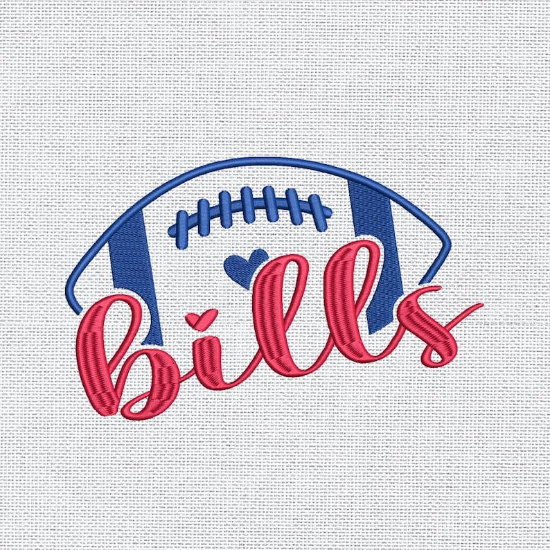 May include: Embroidered design featuring the word "Bills" in red script, with a blue football shape above. The football has white stripes and blue stitching. Two small hearts are included in the design.