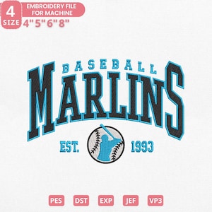 May include: An embroidery file design with the word "Marlins" in black and blue, arched above a baseball graphic. The design includes the text "Baseball", "Est. 1993", and size options of 10.16cm, 12.7cm, 15.24cm, and 20.32cm.