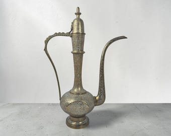 Vtg Mid-Century Etched Brass Ewer Aftaba 16" Tall Stunning Floral Design