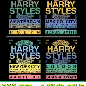 May include: Four colorful posters on a black background promoting the Harry Styles 'Together' tour. Each poster features the tour name, city, dates, venue, and special guest. Cities include Amsterdam, Mexico City, New York City, and London. The bottom of the image reads "300 DPI - 4 PNG FILE."