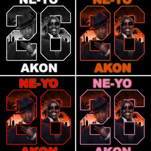May include: A four-panel graphic design featuring the text NE-YO and AKON with the number 26. Each panel displays portraits of Ne-Yo and Akon wearing hats and sunglasses against a sunset city backdrop, framed by colored outlines in white, orange, red, and pink.