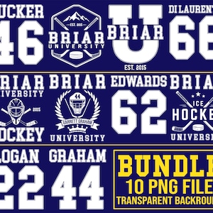 May include: A navy blue graphic design featuring ice hockey elements. It includes jersey numbers, team logos, and text such as "Briar University" and "Ice Hockey." The design also includes the text "Bundle 10 PNG File Transparent Background."