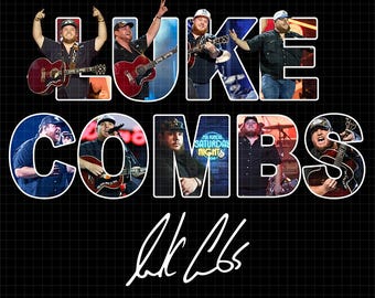 May include: A promotional image for Luke Combs, featuring the artist's name in a stylized font with photos of him performing. The background is black with a grid pattern, and the artist's signature is at the bottom.