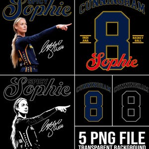 Puede incluir: Un conjunto de gráficos digitales con una jugadora de baloncesto señalando, el texto Spicy Sophie, el nombre Cunningham, el número 8 y las palabras Indiana Basketball. Incluye versiones en color y monocromo con firmas y 5 archivos PNG.