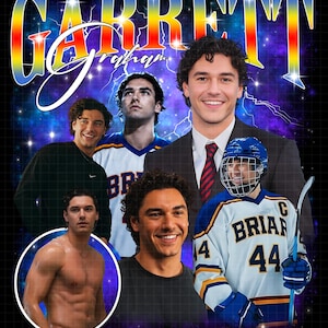 Può includere: Un collage con più immagini di un uomo, con il nome "GARRETT Graham" in un font arcobaleno. Le immagini includono l'uomo in abito, uniforme da hockey e abbigliamento casual, su uno sfondo cosmico.