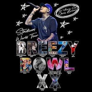 May include: A black graphic featuring Chris Brown performing on stage, with the text "Stadium World Tour." The design includes album covers from 2005 to 2023, and the text "20 Years Of Chris Brown."