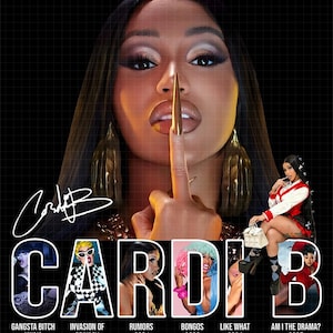 May include: A promotional image featuring Cardi B, with her signature and album titles. The image showcases a close-up of her face with a finger to her lips, and album covers from 2016 to 2025. The background is black with a grid pattern.