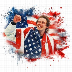 May include: Watercolor-style illustration of a smiling person draped in an American flag. The flag's red and white stripes and blue field with white stars are prominently displayed. The background features splattered paint effects in red, white, and blue.