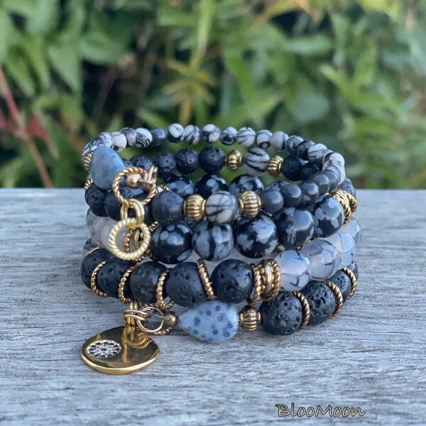 Pulsera de roca volcánica de obsidiana con forma de copo de nieve, joyería artesanal de labradorita