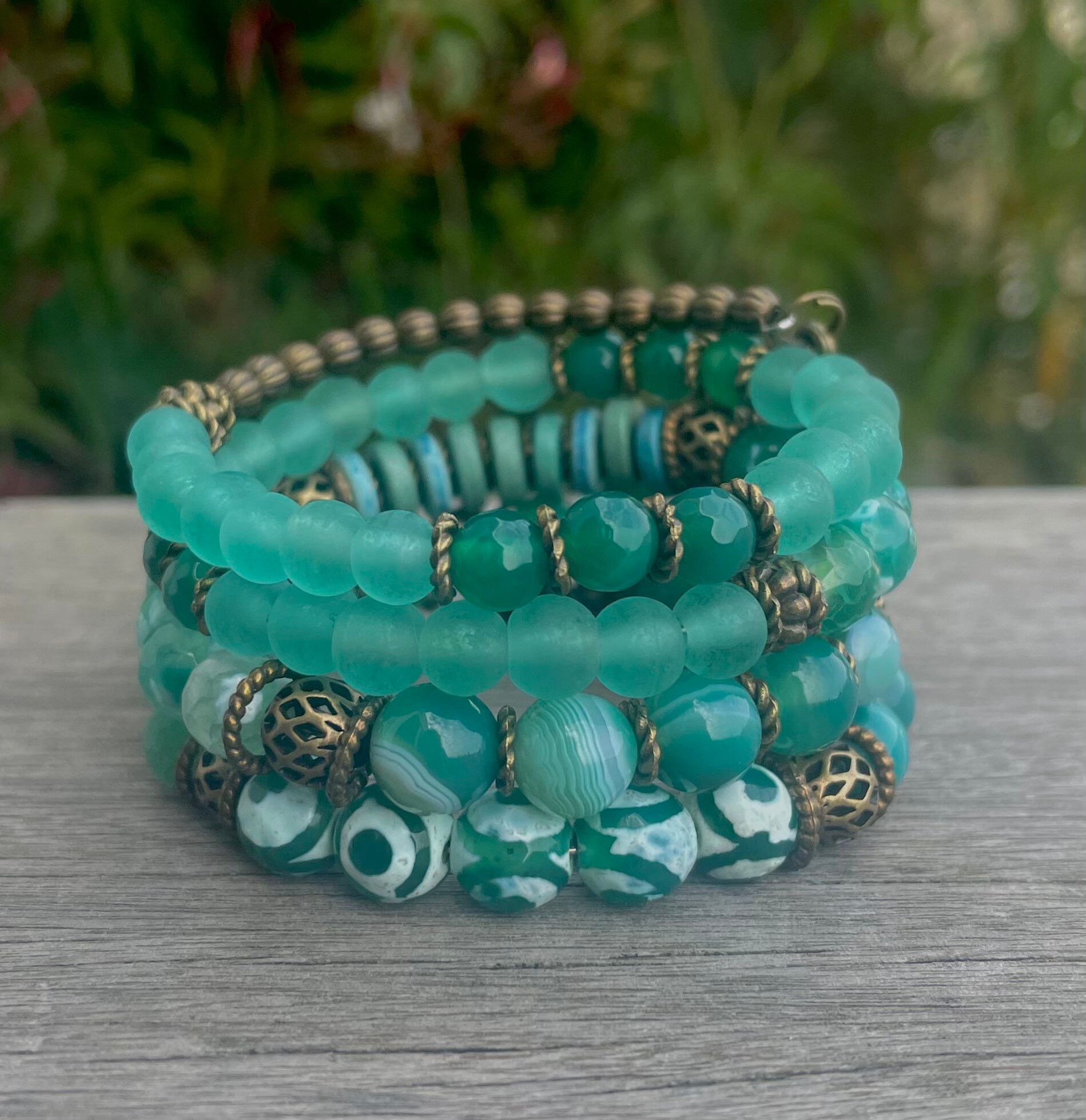 Green-blue Shades With Bronze - Memory Wire Bracelet - Etsy
